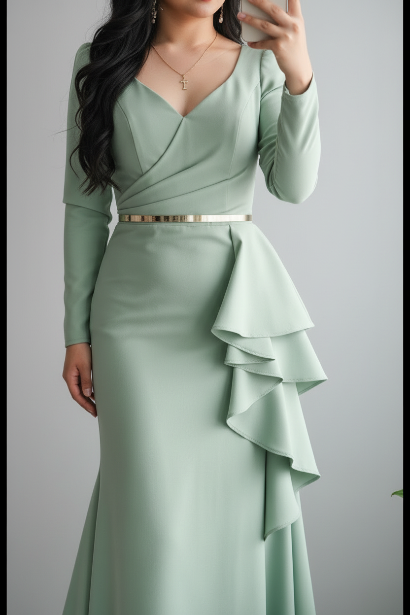 Vestido Sage Green Ruffle – Gown Verde Menta Manga Larga Escote V con Volantes en Cascada & Cinturón Plateado cod.693