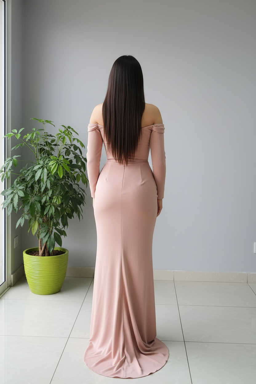 Vestido Blush Off-Shoulder Rose 3D con Drapeado y Abertura cod.623