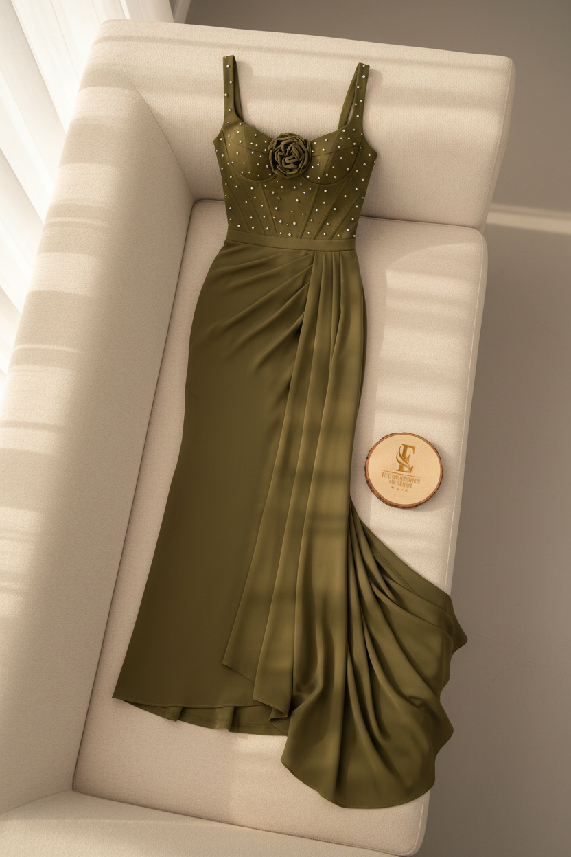 Vestido Verde Oliva Tirantes Corset con Perlas Rosa 3D y Drapeado Asimétrico cod.816