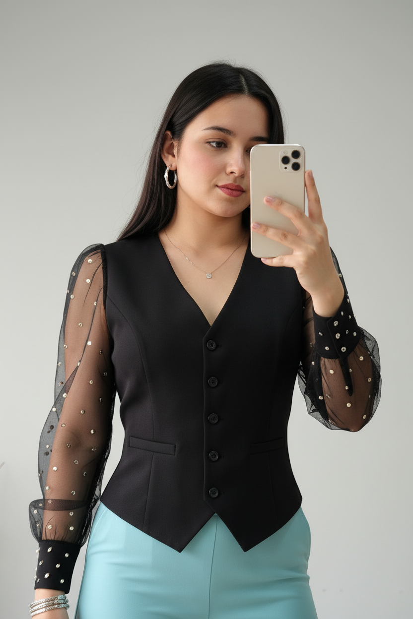 Conjunto Negro Chaleco Organza Perlas + Pantalón Palazzo Celeste cod.C584