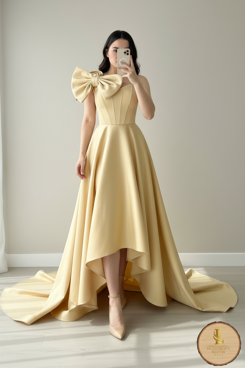 Vestido Champagne Satén Moño Doble Corsé High-Low cod.00100