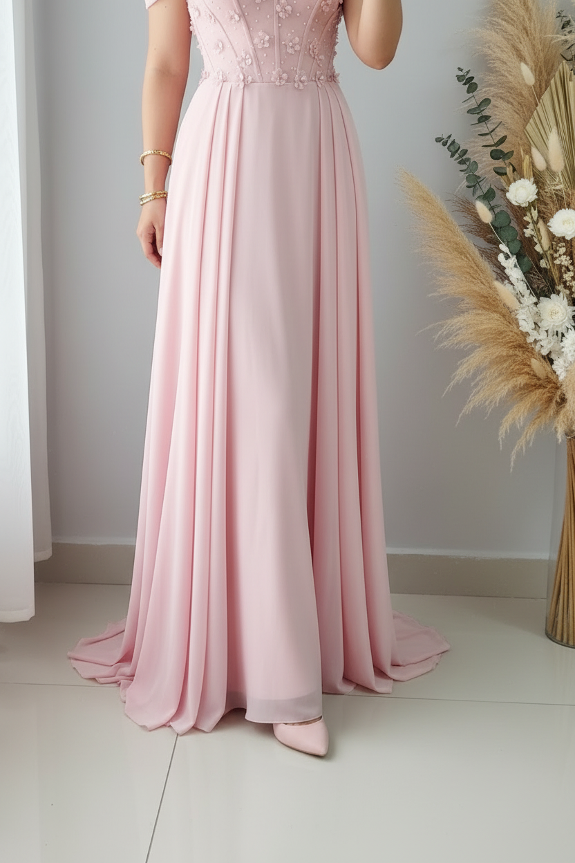 Vestido Rosa Off-Shoulder A-Line con Flores y Perlas cod.V366