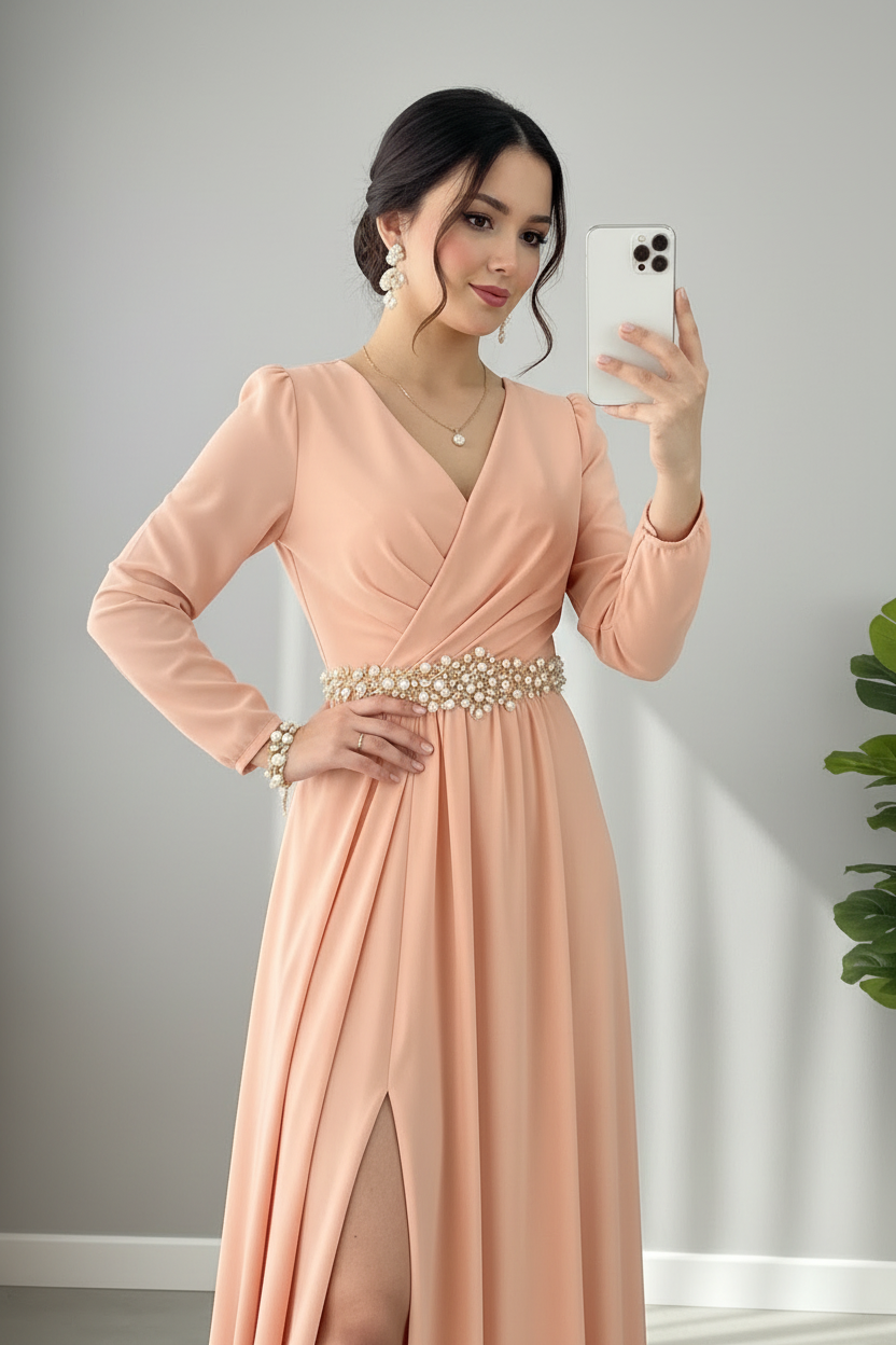 Vestido Peach Salmon Escote V Wrap Manga Estructurada Cinturon Joya Flores Doradas Abertura cod.842