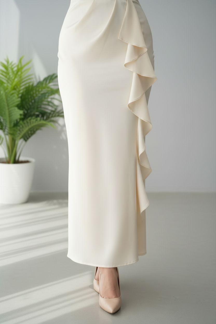 Vestido Ivory Ruffle – Gown Crema Manga Larga Escote V Cruzado con Volantes & Cinturón Dorado cod.690