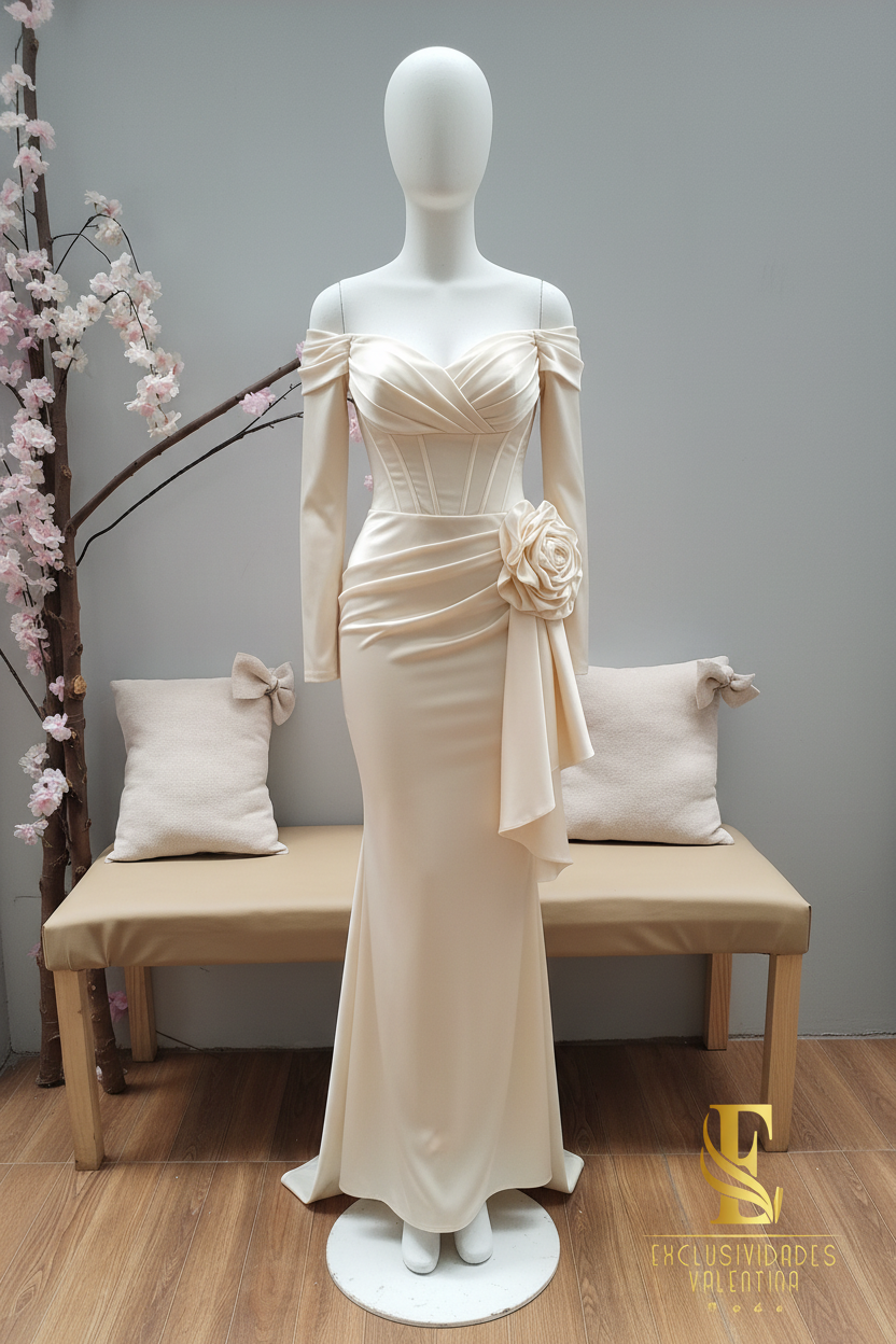 Vestido Champagne Ivory Off-Shoulder Sirena Manga Larga Rosa 3D cod.V302