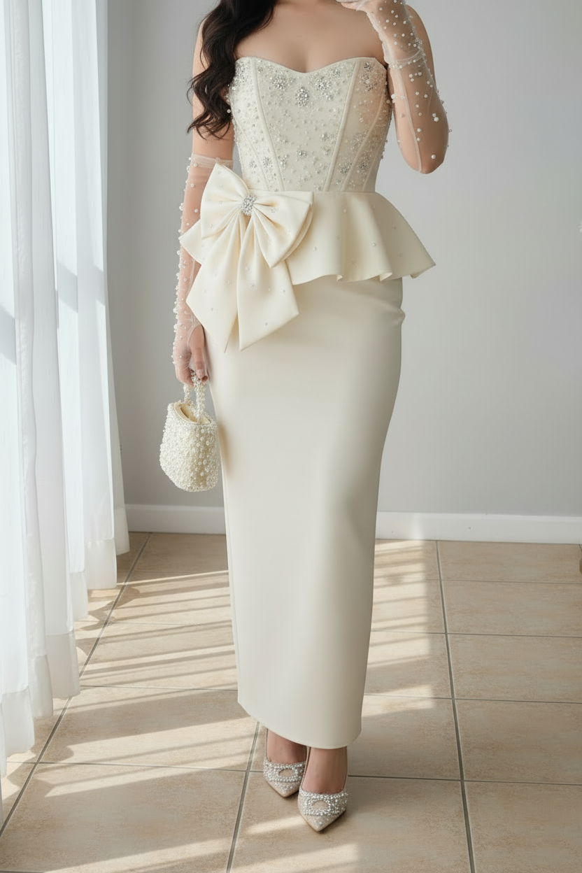 Conjunto Nupcial Ivory Corset Perlas Peplum Lazo y Falda Lápiz cod.C0032