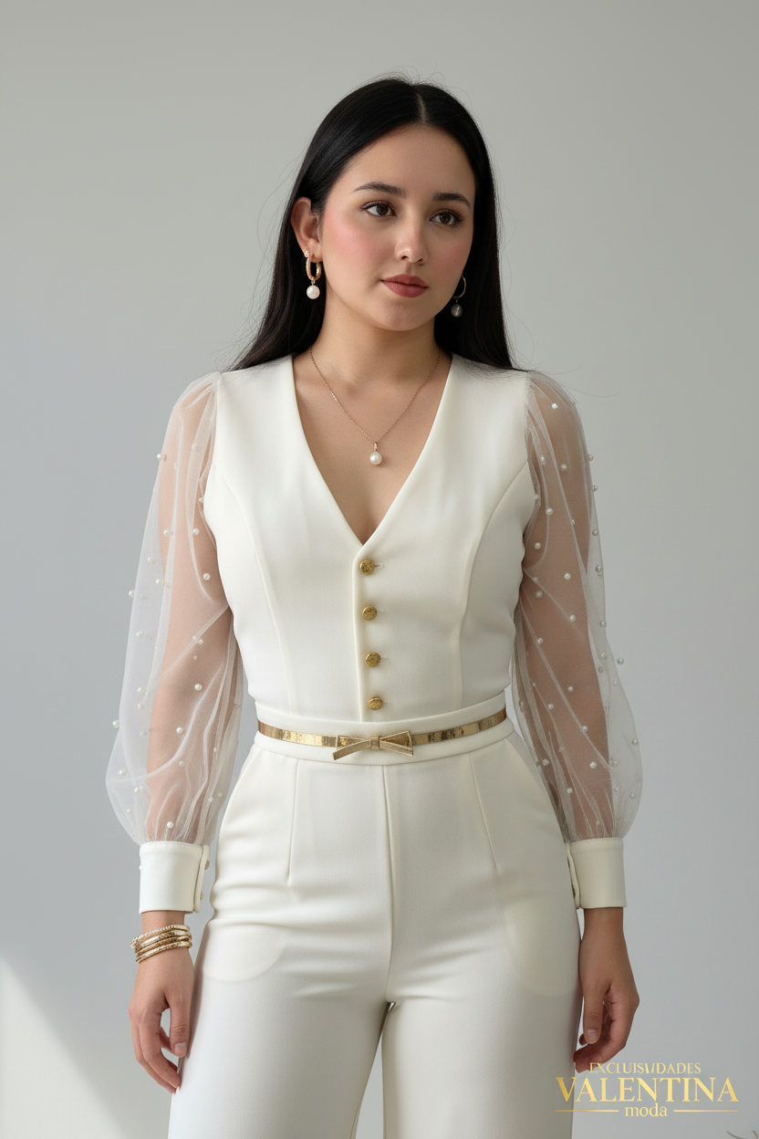 Enterizo Blanco Marfil Escote V con Mangas Tul Perlas y Botones Dorados cod.E552