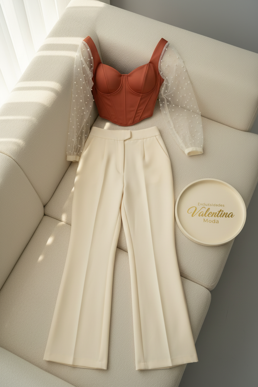 Conjunto Terracota Corset con Mangas Tul de Perlas y Pantalón Crema cod.655