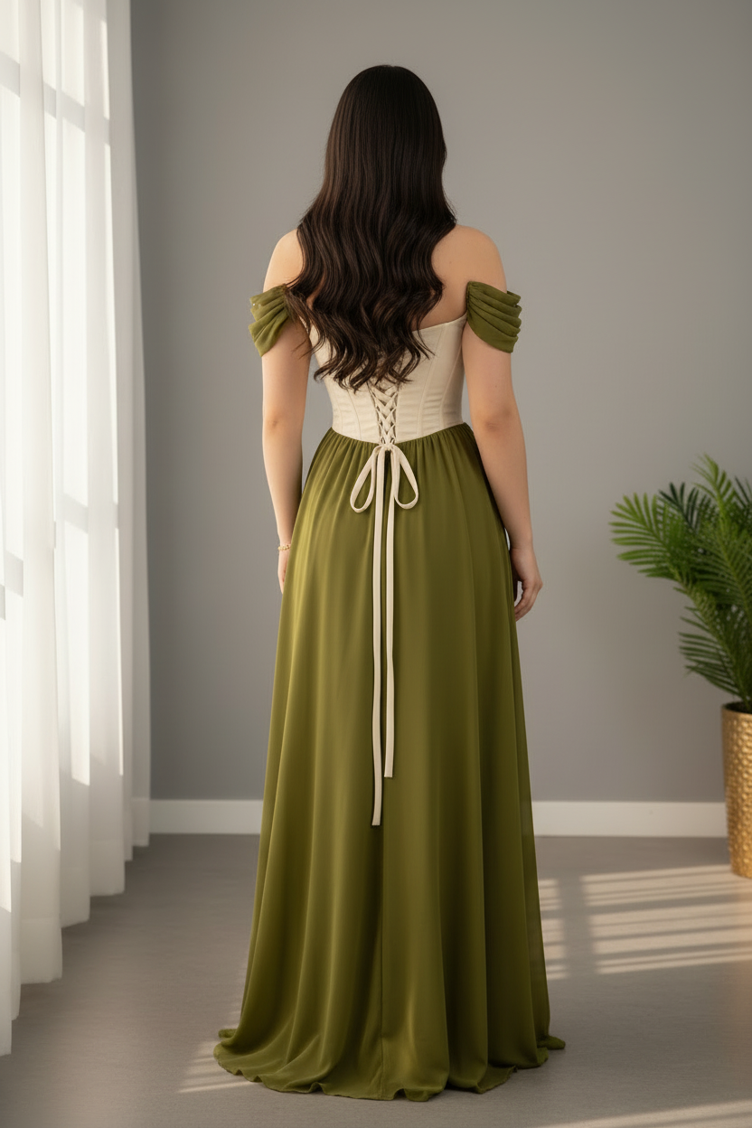 Vestido Verde Olivo y Crema Off-Shoulder Corset con Perlas y Abertura cod.V660