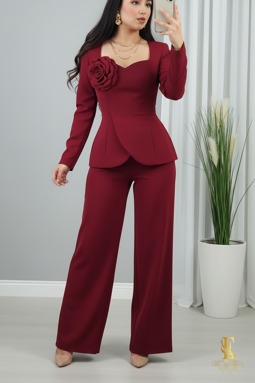 Conjunto Borgoña — Blazer Peplum Rosa 3D & Palazzo cod.0037