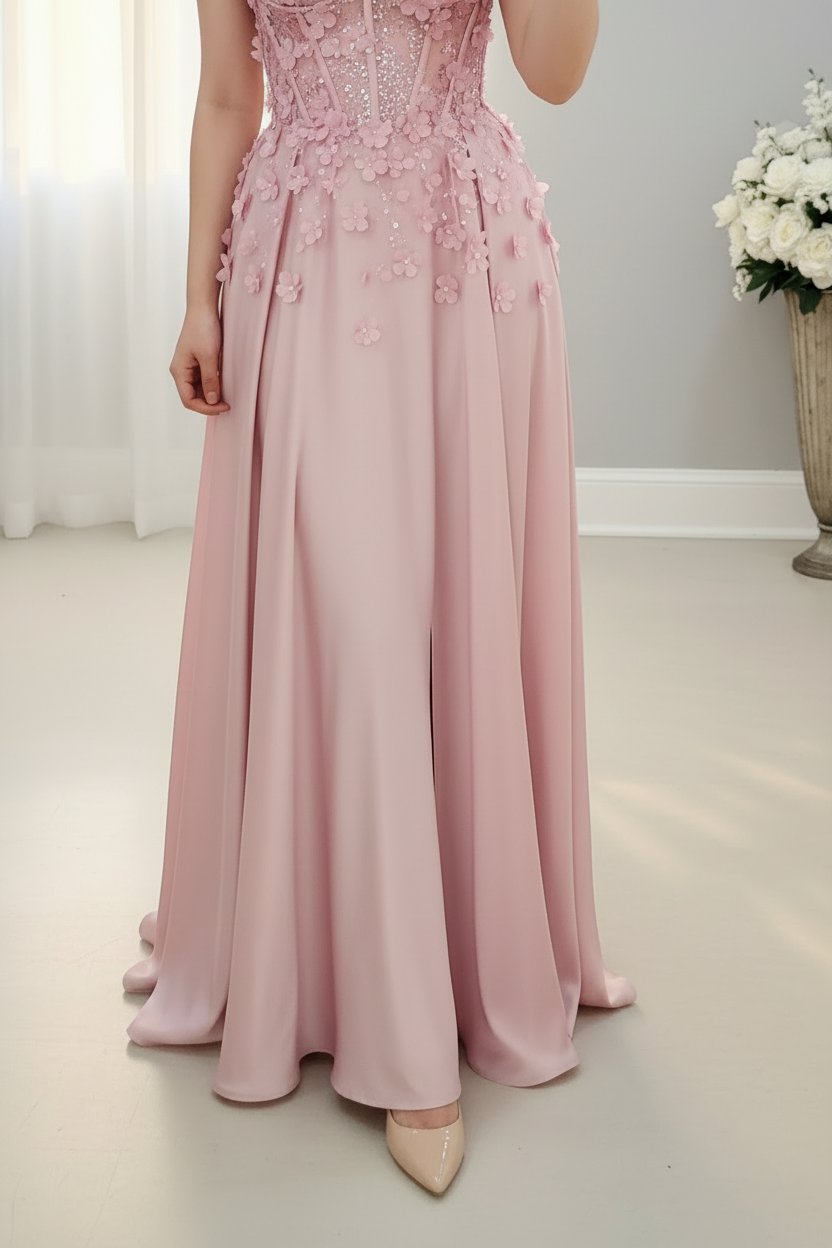 Vestido Largo Rosa Palo Corsé Encaje Floral Flores 3D cod.V1000