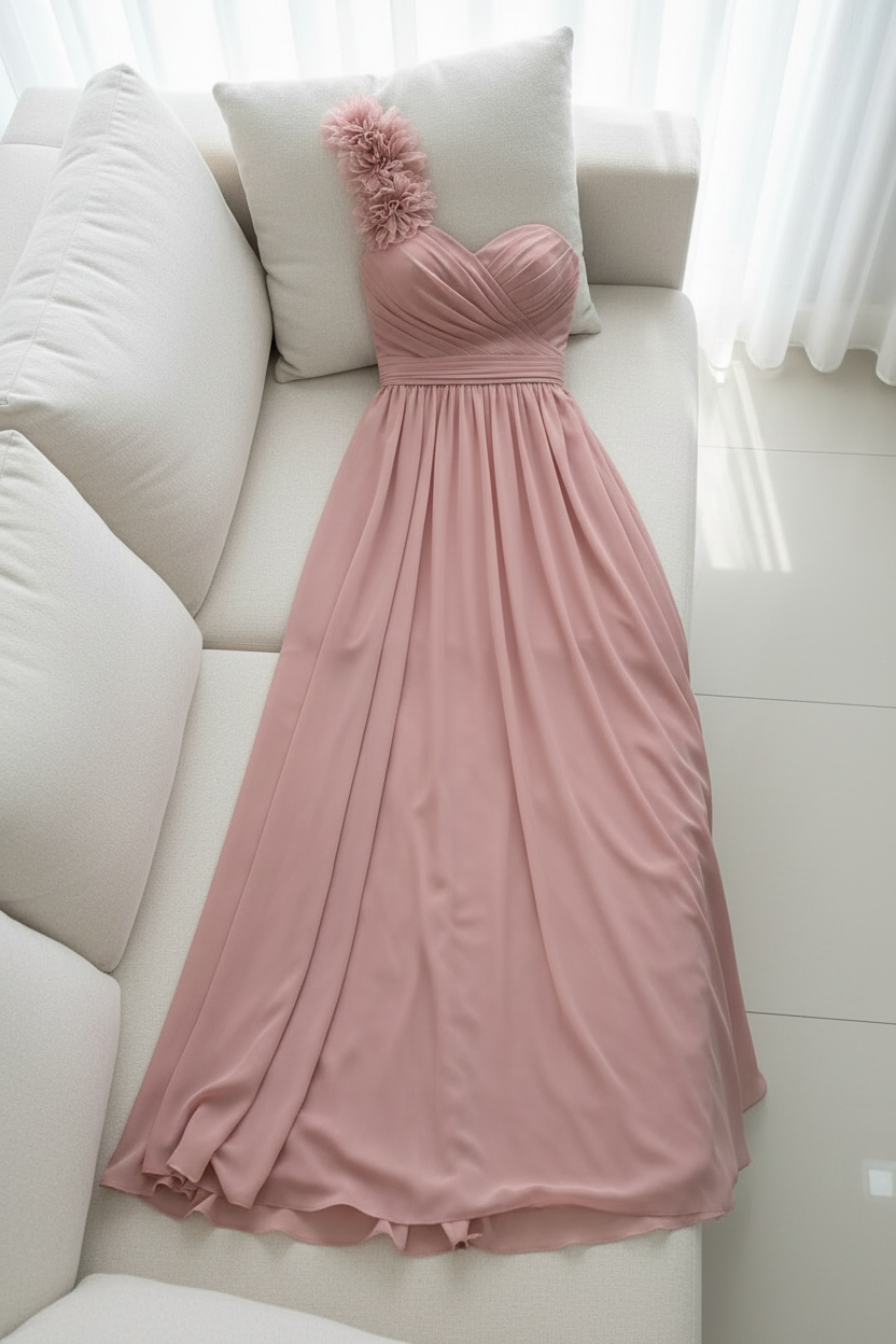 Vestido Rosa Palo — Un Hombro con Flores 3D y Falda A-Line cod.V627