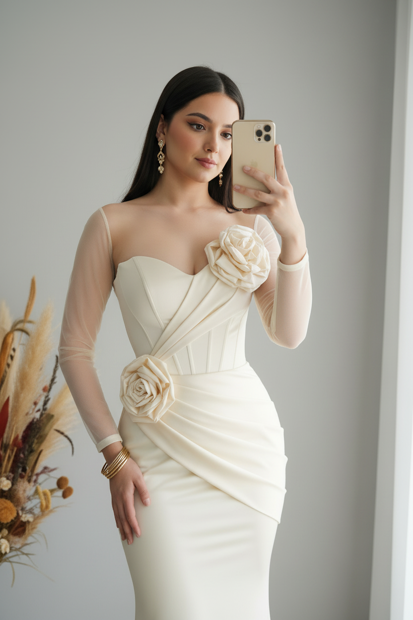 Vestido Marfil Manga Tul Asimétrica Dos Rosas D cod.V425