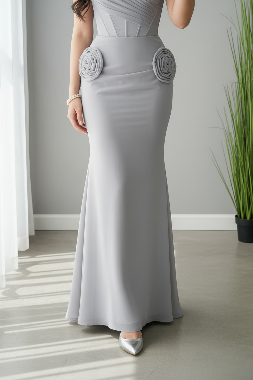 Vestido Gris Plata Strapless Corset Rosas 3D Sirena cod.V699