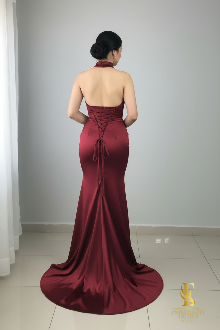 Vestido Sirena Borgoña Halter con Rosa Espiral y Espalda Descubierta cod.V248
