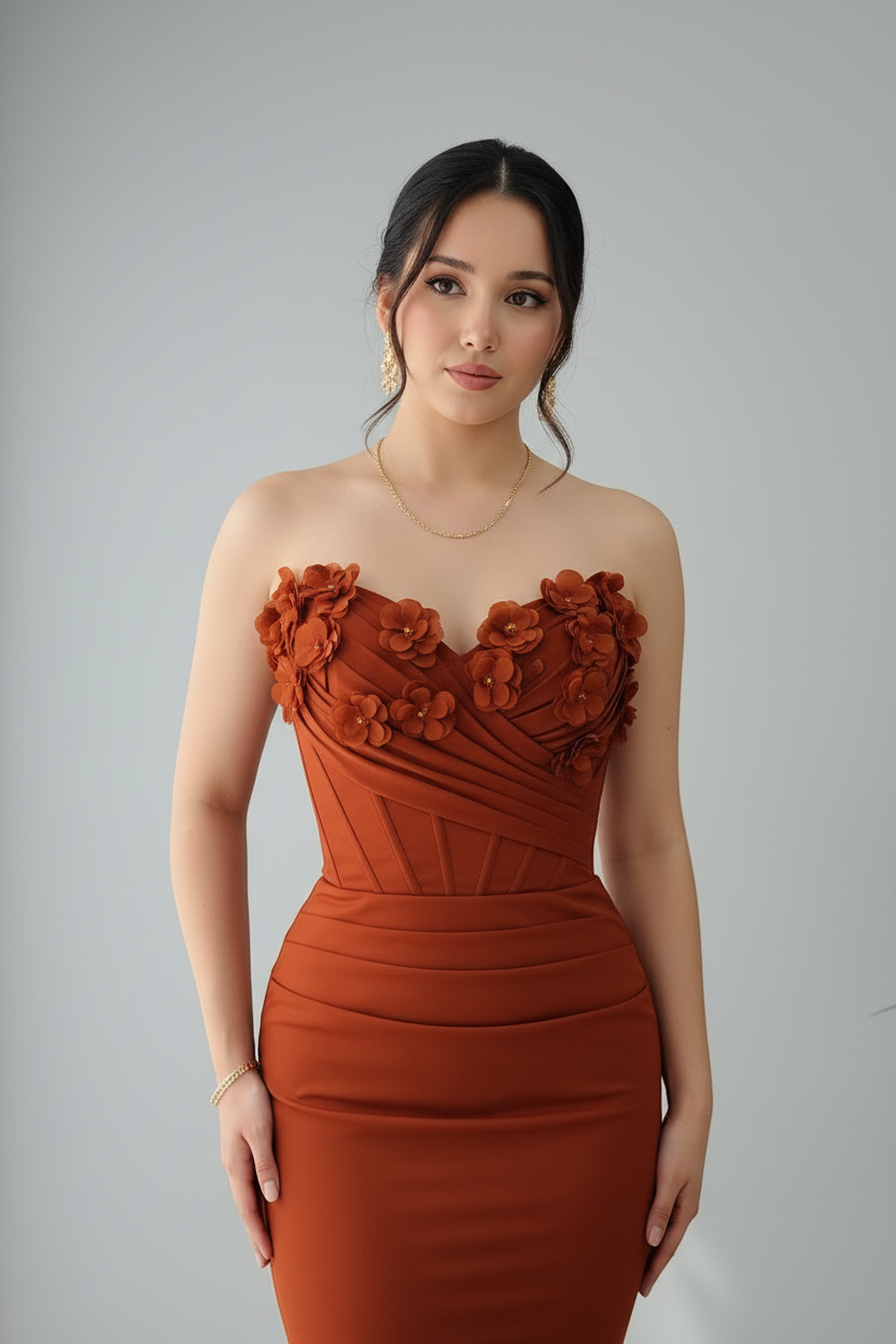 Vestido Sirena Terracota — Escote Corazón Strapless, Flores 3D & Corpiño Fruncido cod.896