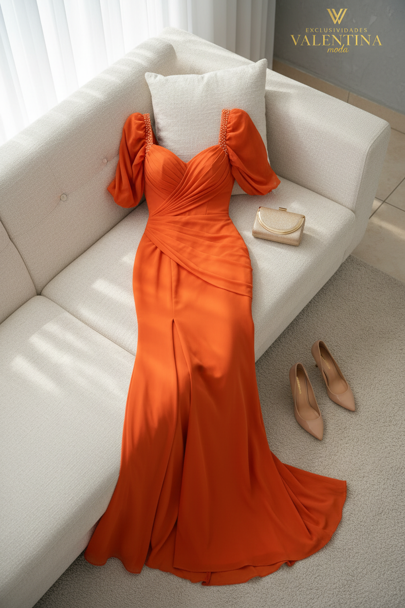Vestido Naranja Sirena con Mangas Abullonadas y Abertura Frontal cod.V525