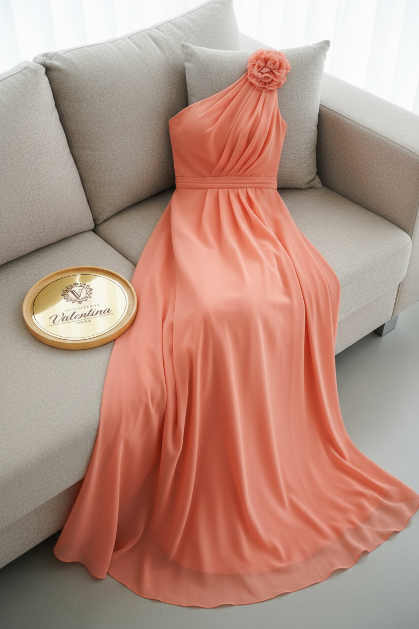 Vestido Coral One-Shoulder Maxi Gasa con Rosa D cod.951