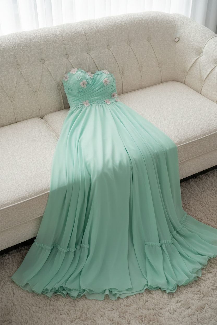 Vestido Verde Menta con Flores 3D cod.633