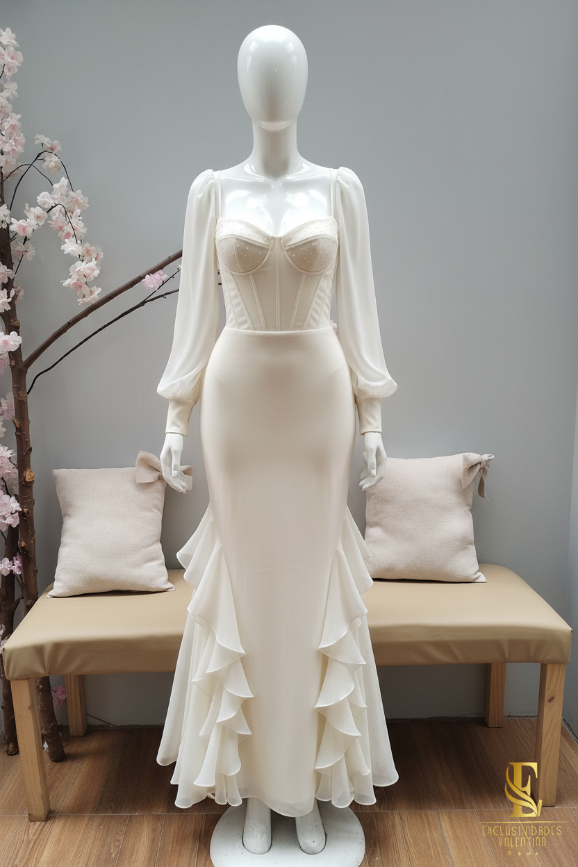 Vestido Ivory Corset Manga Chifón Sirena con Volantes cod.V289