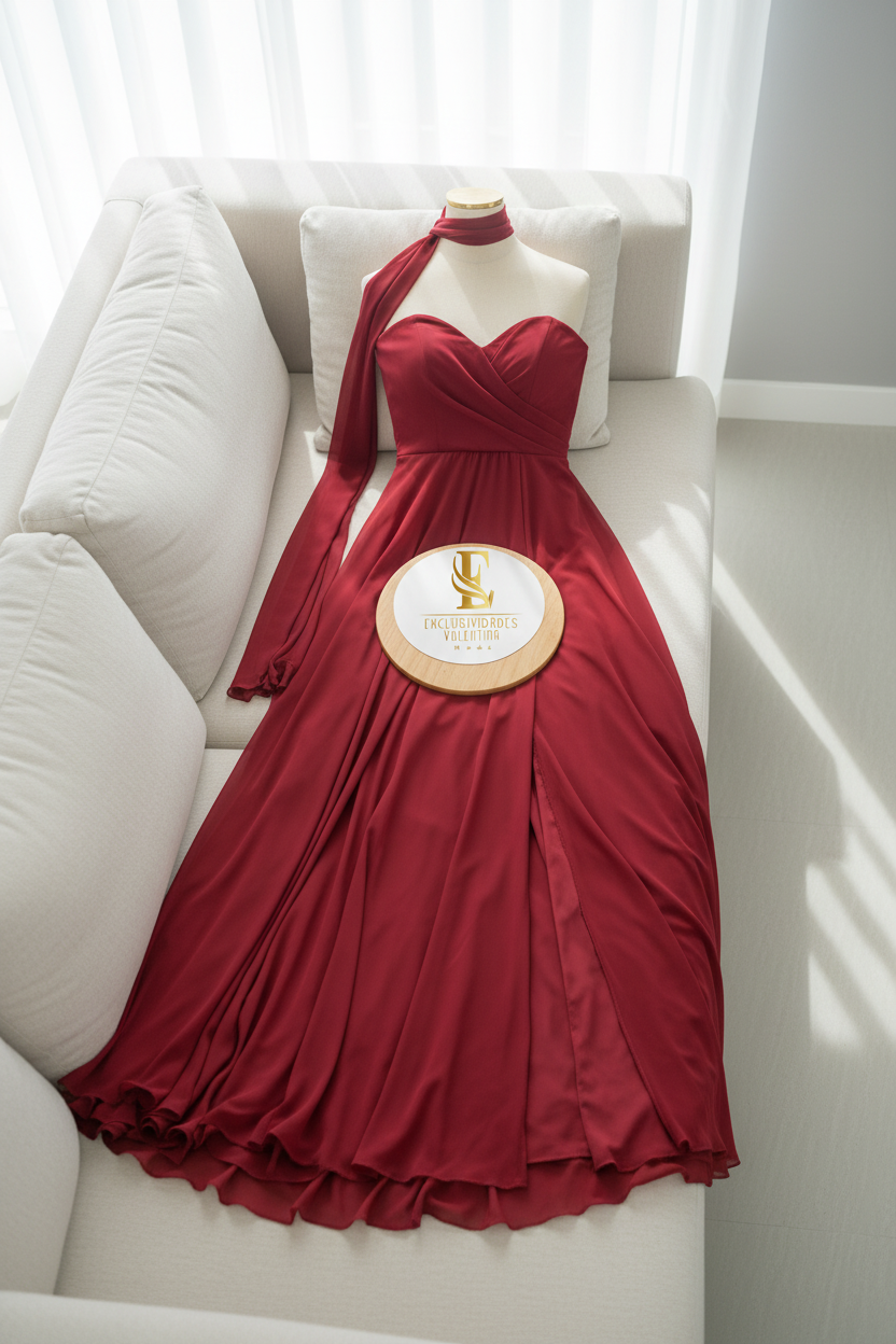 Vestido Rojo Vino Strapless con Choker, Capa Drapeada y Abertura Alta cod.0083