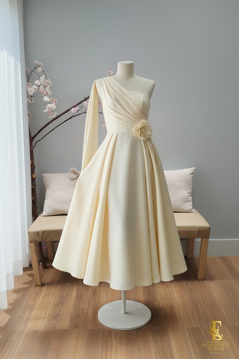 Vestido Crema Un Hombro Rosa cod.V330