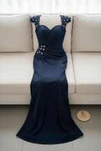 Vestido Azul Marino Escote Corazón Mangas Bordadas Flores Cristales Sirena cod.743