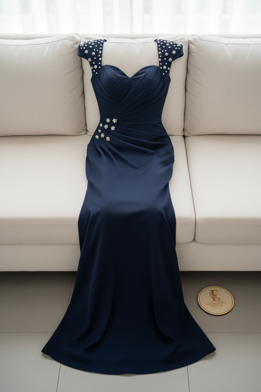 Vestido Azul Marino Escote Corazón Mangas Bordadas Flores Cristales Sirena cod.743