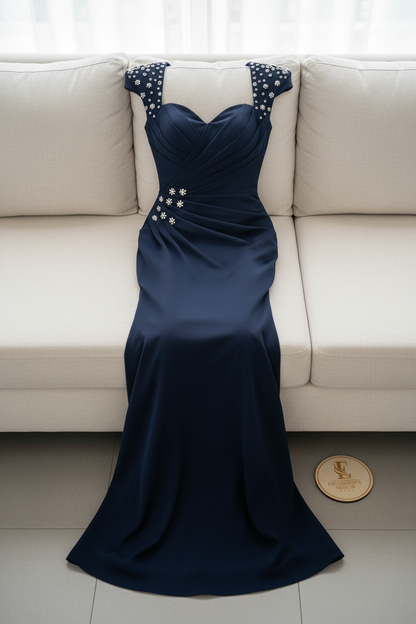 Vestido Azul Marino Escote Corazón Mangas Bordadas Flores Cristales Sirena cod.743