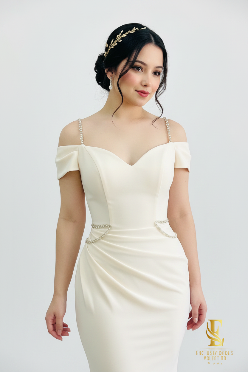 Vestido Marfil Sirena Off-Shoulder con Tirantes y Cadenas de Perlas cod.0070