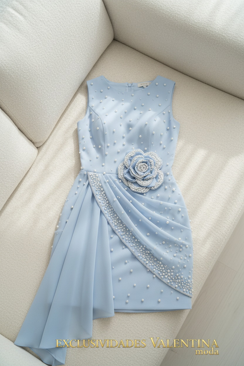 Vestido Azul Cielo Corto Rosa 3D y Perlas cod.V734