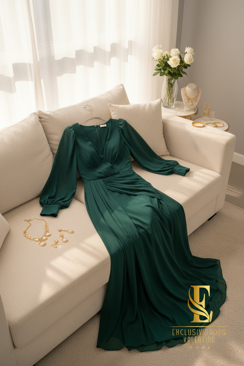 Vestido Verde Esmeralda Chiffon con Mangas Bishop y Capa Drapeada cod.V675