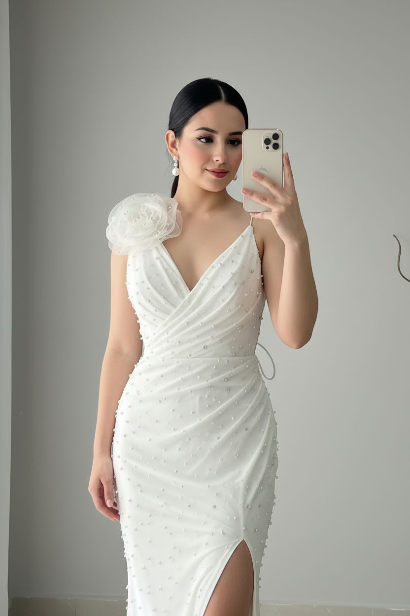 Vestido Blanco Perlas Escote V Rosa 3D  Abertura cod.V323