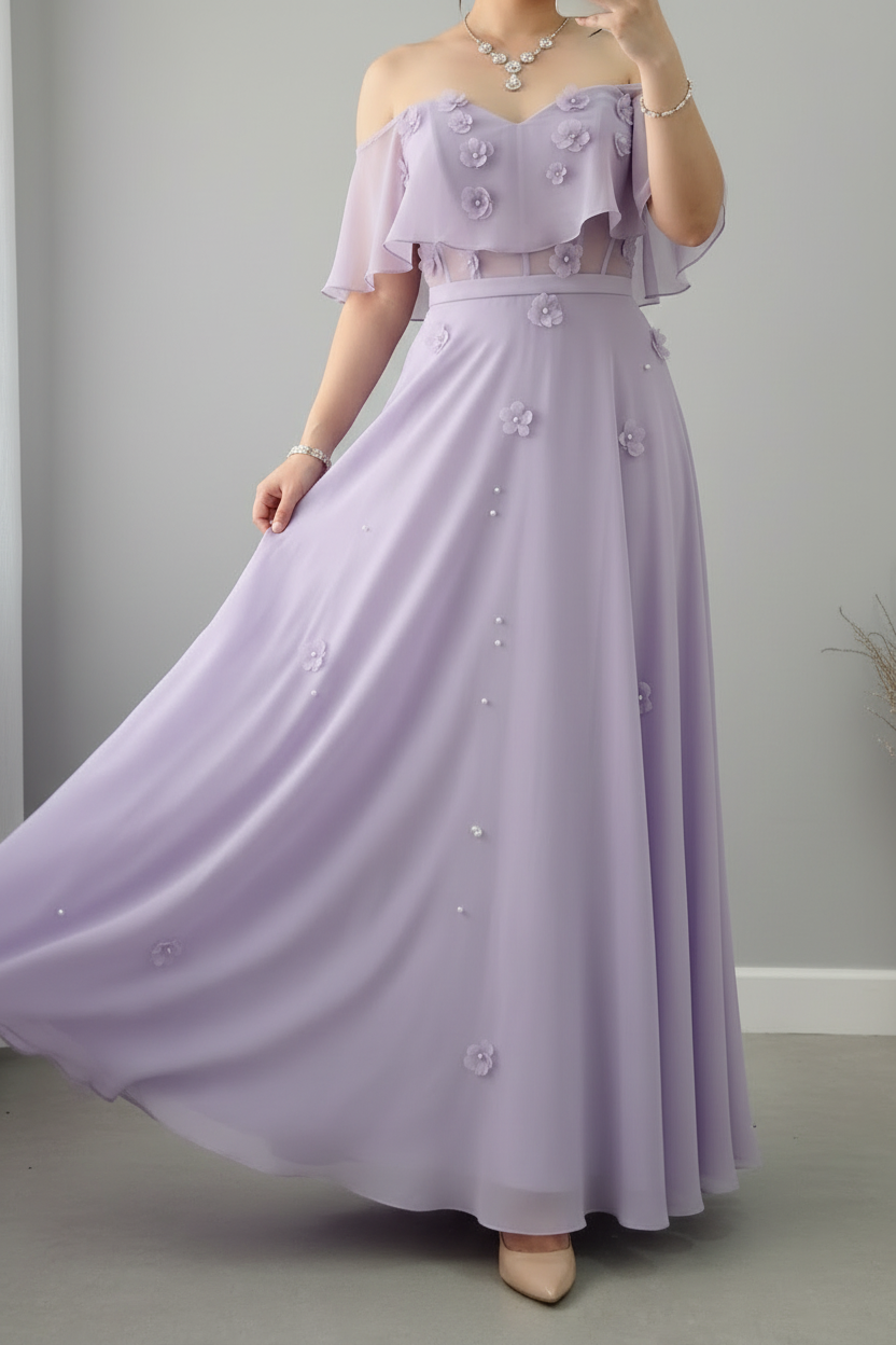 Vestido Lila Lavanda Escote Corazon Capelina Off-Shoulder Flores 3D Perlas A-Line cod.834