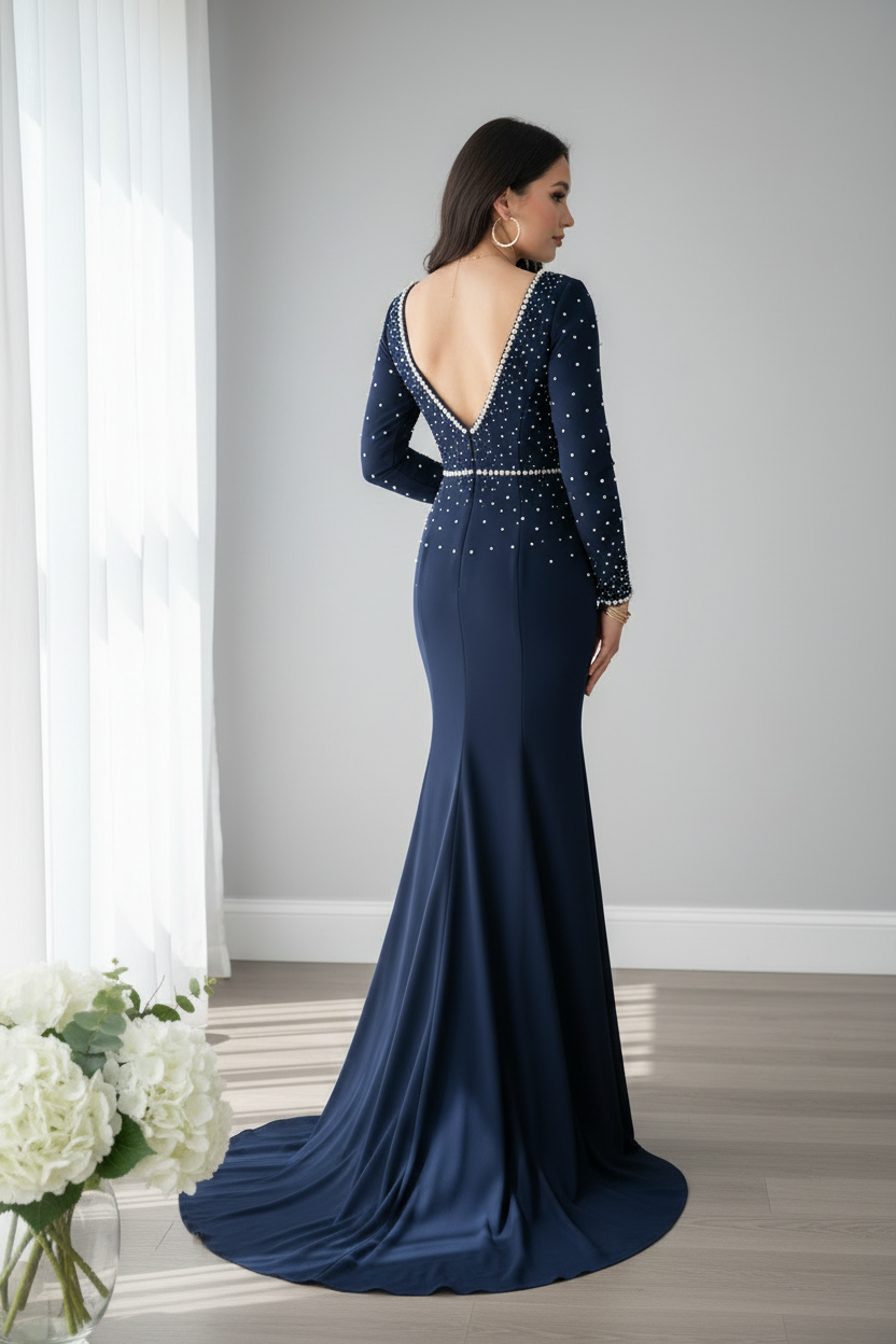 Vestido Azul Marino Sirena  Escote V Profundo — Gala y Eventos de Lujo cod.0075