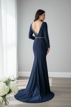 Vestido Azul Marino Sirena  Escote V Profundo — Gala y Eventos de Lujo cod.0075