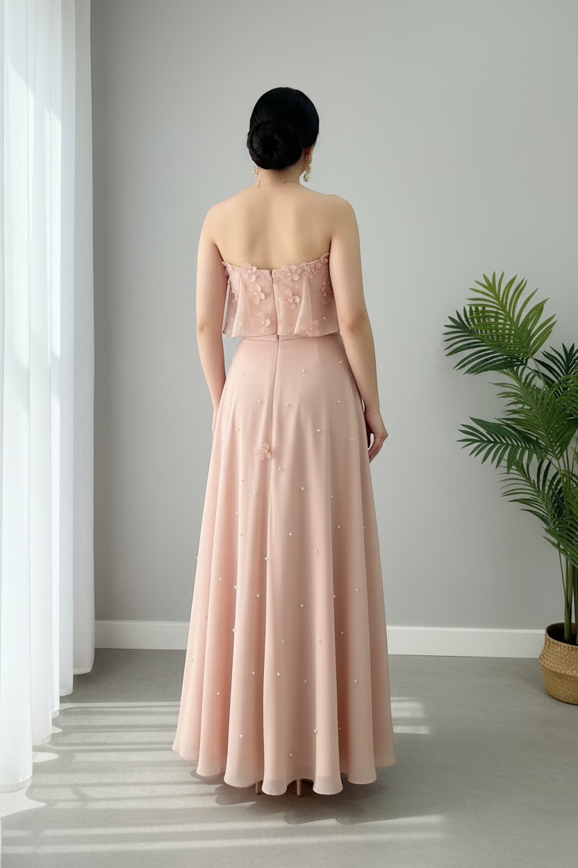 Vestido Rosa Nude — Top Floral & Falda Maxi cod.852