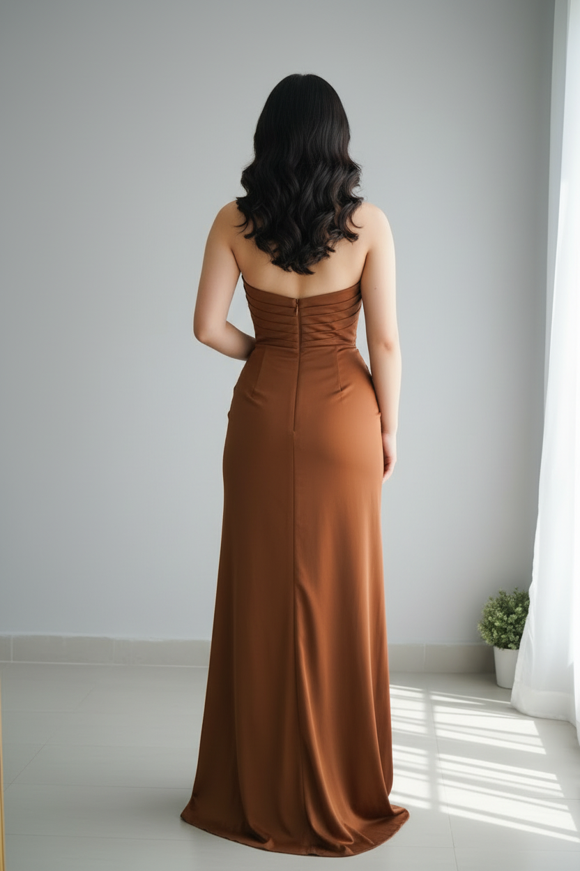 Vestido Terracota Strapless con Drapeado Diagonal y Abertura Alta cod.734
