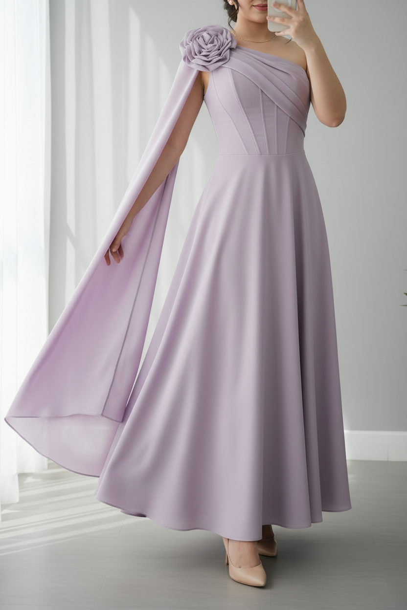 Vestido Lila Lavanda Un Hombro con Rosa 3D y Capa Fluida cod.733