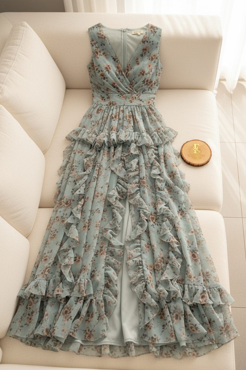 Vestido Verde Agua Floral — Escote V, Volantes & Abertura cod.866