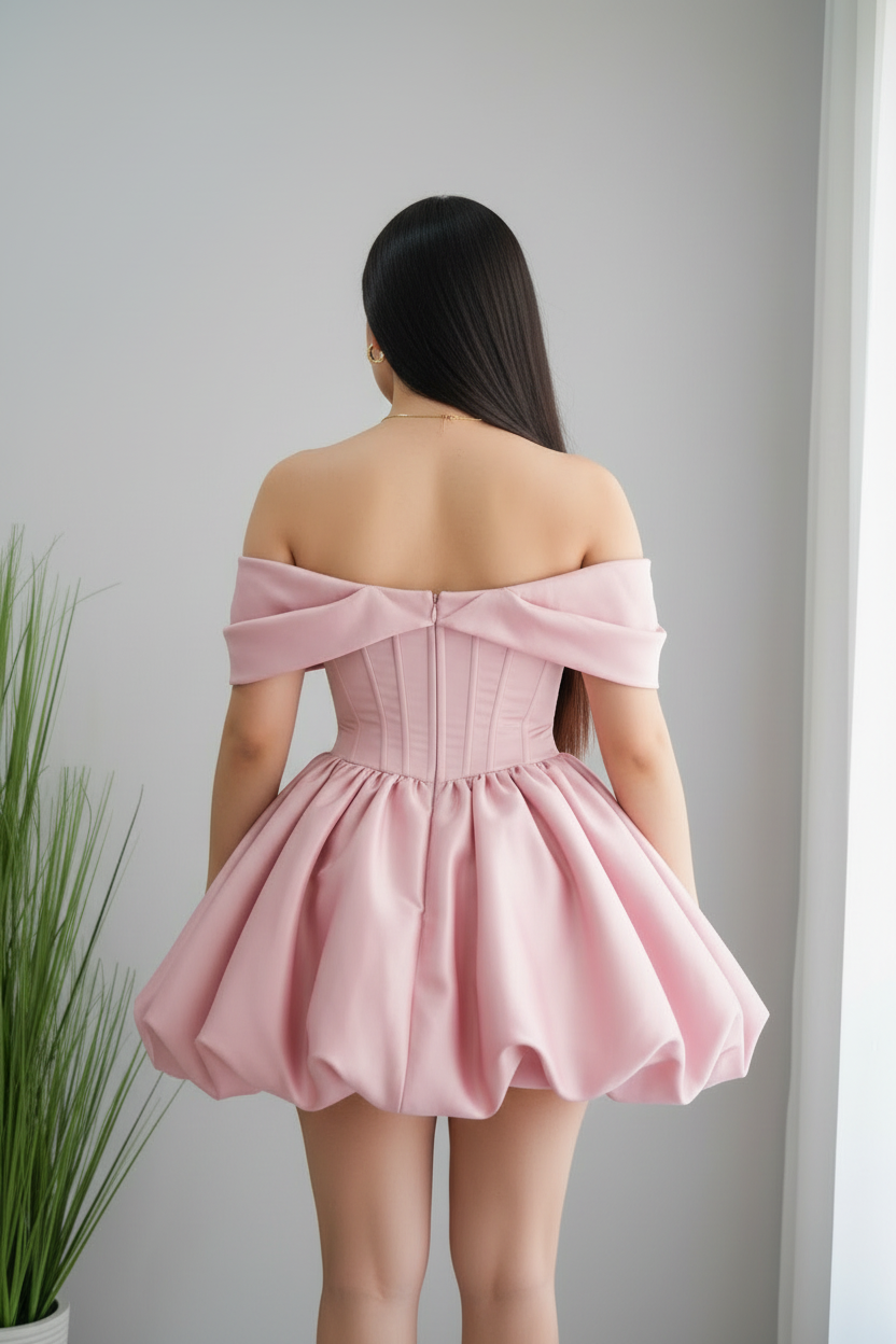 Vestido Rosa Off-Shoulder Corsé con Falda Bubble cod.974
