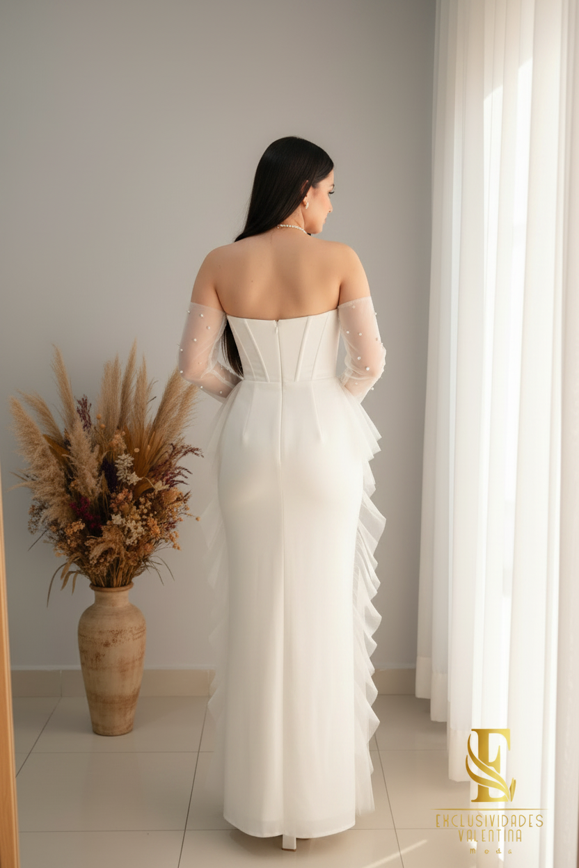 Vestido Novia Blanco | Manga Ilusión Tul y Volantes Cascada cod.V445