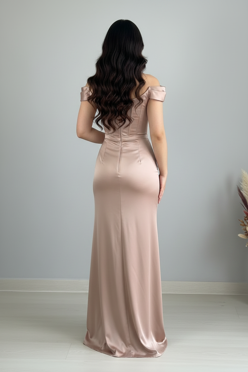 Vestido Corset Champagne Satinado Rosa 3D