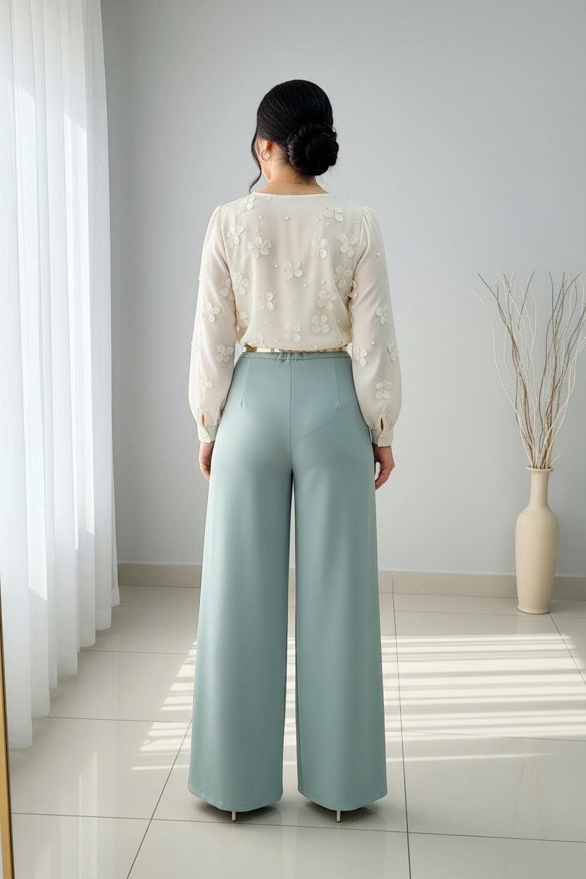 Conjunto Verde Menta Blusa Chiffon Flores 3D y Palazzo cod.C379