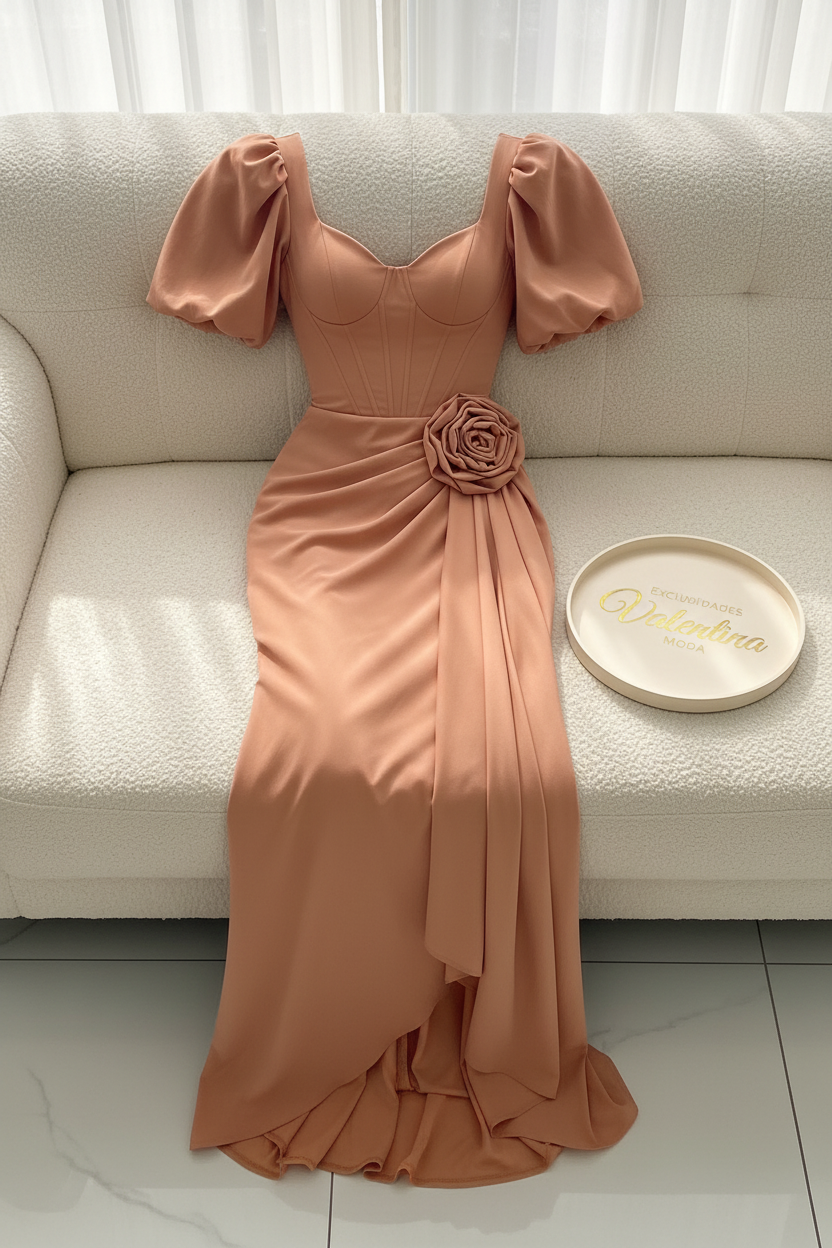 Vestido Terracota Corset con Mangas Globo y Rosa D cod.658