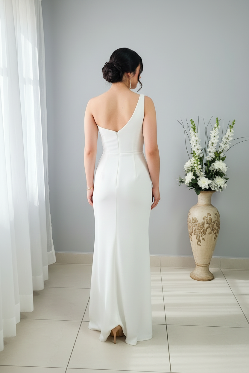 Vestido Blanco One-Shoulder Rosa 3D Sirena Slit cod.V586
