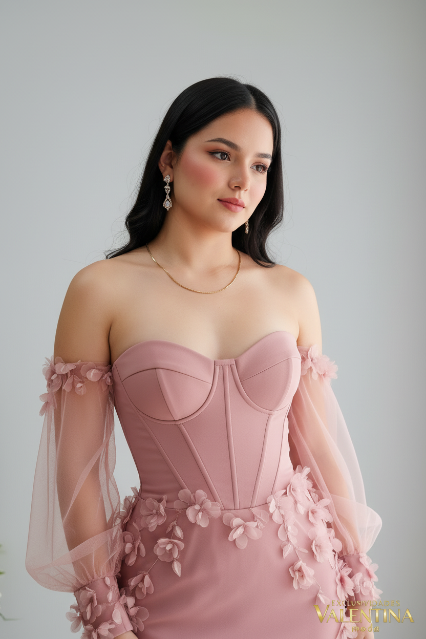 Vestido Rosa Sirena Corset con Mangas Tul Abullonadas y Flores D cod.V536