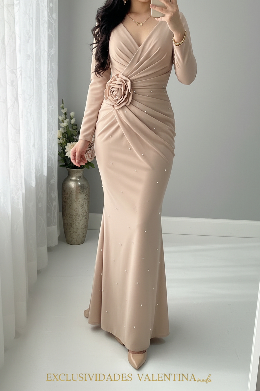 Vestido Nude Rosa 3D con Perlas cod.V729
