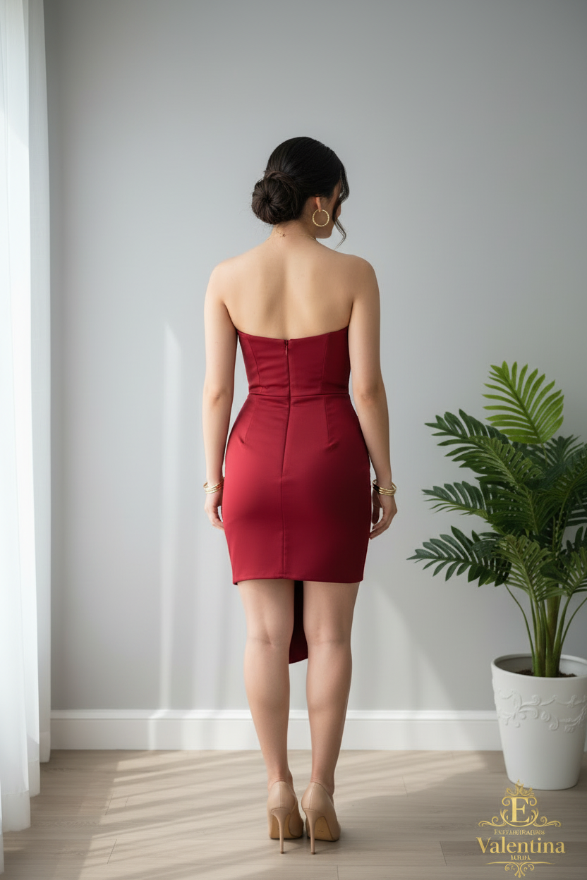 Vestido Rojo Vino Strapless Escote Corazón Drapeado Asimétrico cod.936