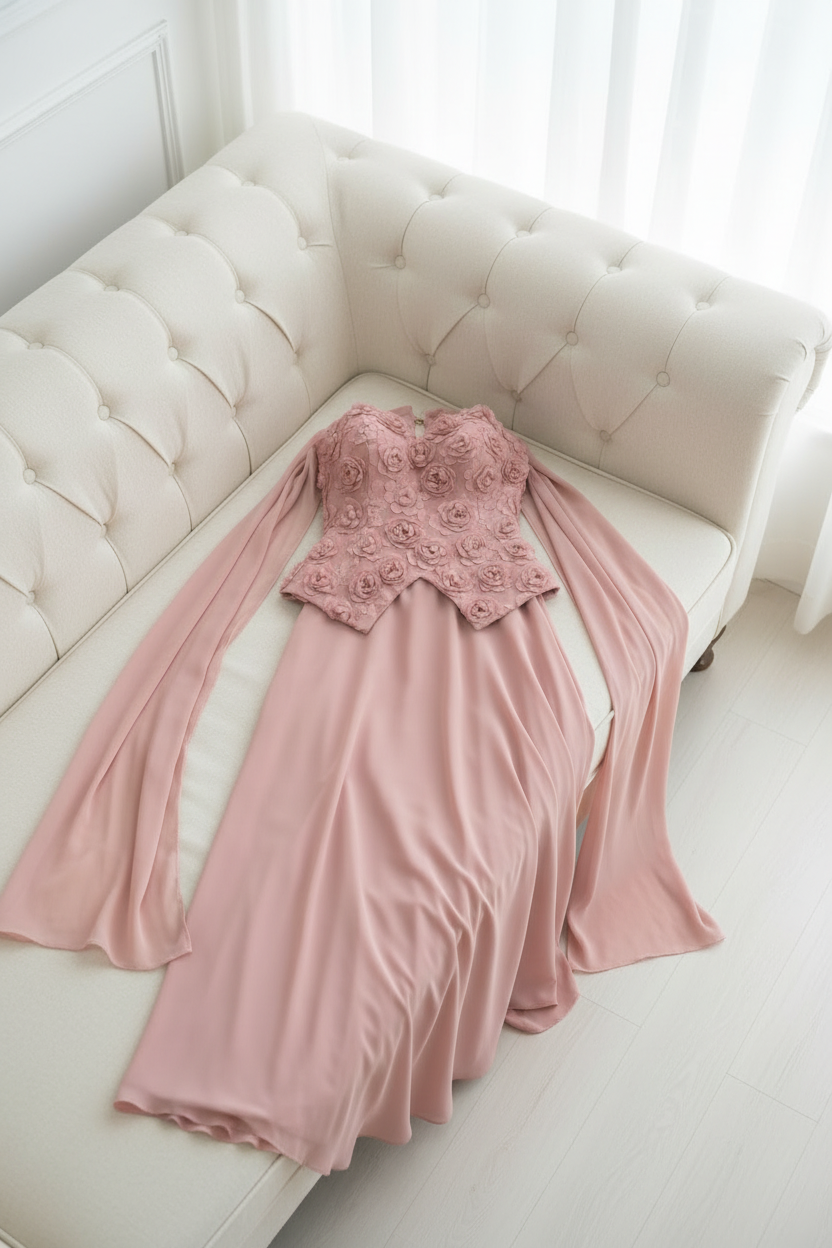 Conjunto Rosa Palo Corset con Rosas 3D y Capa cod.C640